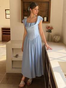 Livesso Vestido midi elegante de hombros descubiertos con volantes para fiestas, vacaciones, bodas y eventos, vestido de verano - Azul - Ver 7