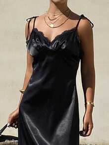 DAZY Women's Solid Color Lace Casual Vacation Date Night Maxi Slip Dress Sundress Summer Cocktail Dress - Black - View 7