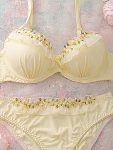 Satin Embroidered Lingerie Set, 3D Beaded Ruffle Trim Underwire Bra And Panty - Yellow - View 3