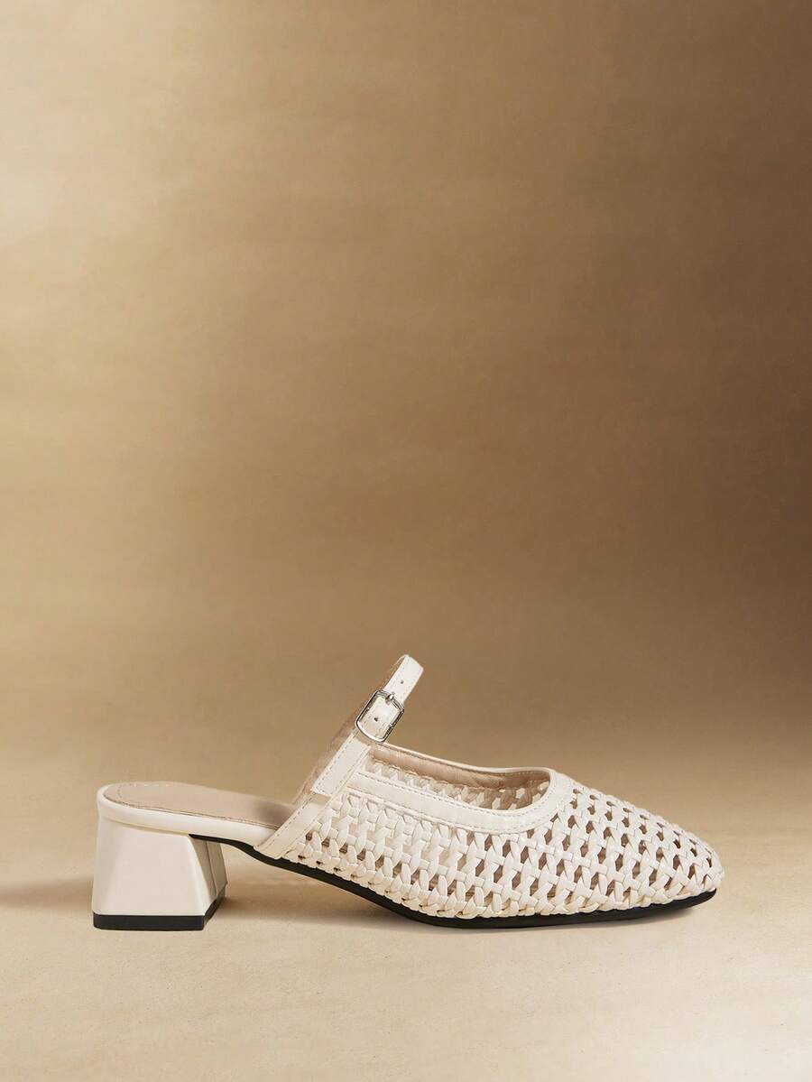 Rosivie Minimalist Modern Black Woven Mule Slides, Square Toe Chunky Heel Mary Jane Backless Sandals Summer - Apricot - View 1