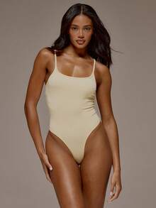 MUSERA ESSENTIALS Strappy Straight Neck Low Back Fitted Popper Fastening Soft Touch Thong Bodysuit Spring Summer Holiday Everyday Cute Daily Basics Essential - Yellow - View 1