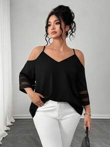 Elenzga Áo kiểu nữ cỡ lớn, chất liệu dệt kim, dáng suông, thích hợp mặc đi làm mùa xuân/hè, dây mảnh, trễ vai, tay lửng 3/4, phối lưới, màu đen. - màu đen - Xem 3