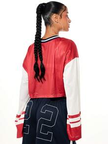 SUMWON WOMEN Camiseta corta de malla con estampado de la hoja de arce canadiense, cuello en V de manga larga con estilo de fútbol vintage, mangas a rayas, sobredimensionada, moda deportiva, estilo deportivo chic para el día del partido de la Copa Mundial 2026, jersey de estilo callejero - Rojo y blanco - Ver 2