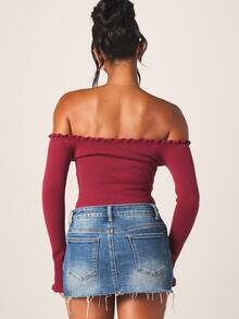 MISSGUIDED Long Sleeve Off Shoulder Ruffle Trim Knit Bodysuit With Fitted Silhouette Fall Winter Fashion Essential Burgundy Top - Red - View 2