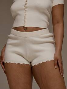 MUSERA Plus Size Knit Scalloped Edge Fitted Mini Shorts Spring Summer Cute Vacation Holiday Everyday - White - View 1