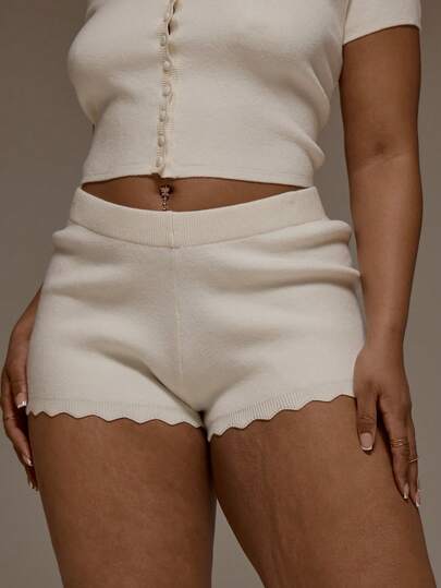 MUSERA Plus Size Knit Scalloped Edge Fitted Mini Shorts Spring Summer Easter Cute Vacation Holiday Everyday