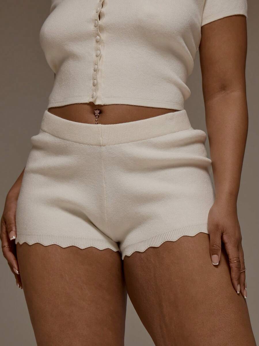 MUSERA Plus Size Knit Scalloped Edge Fitted Mini Shorts Spring Summer Cute Vacation Holiday Everyday - White - View 1