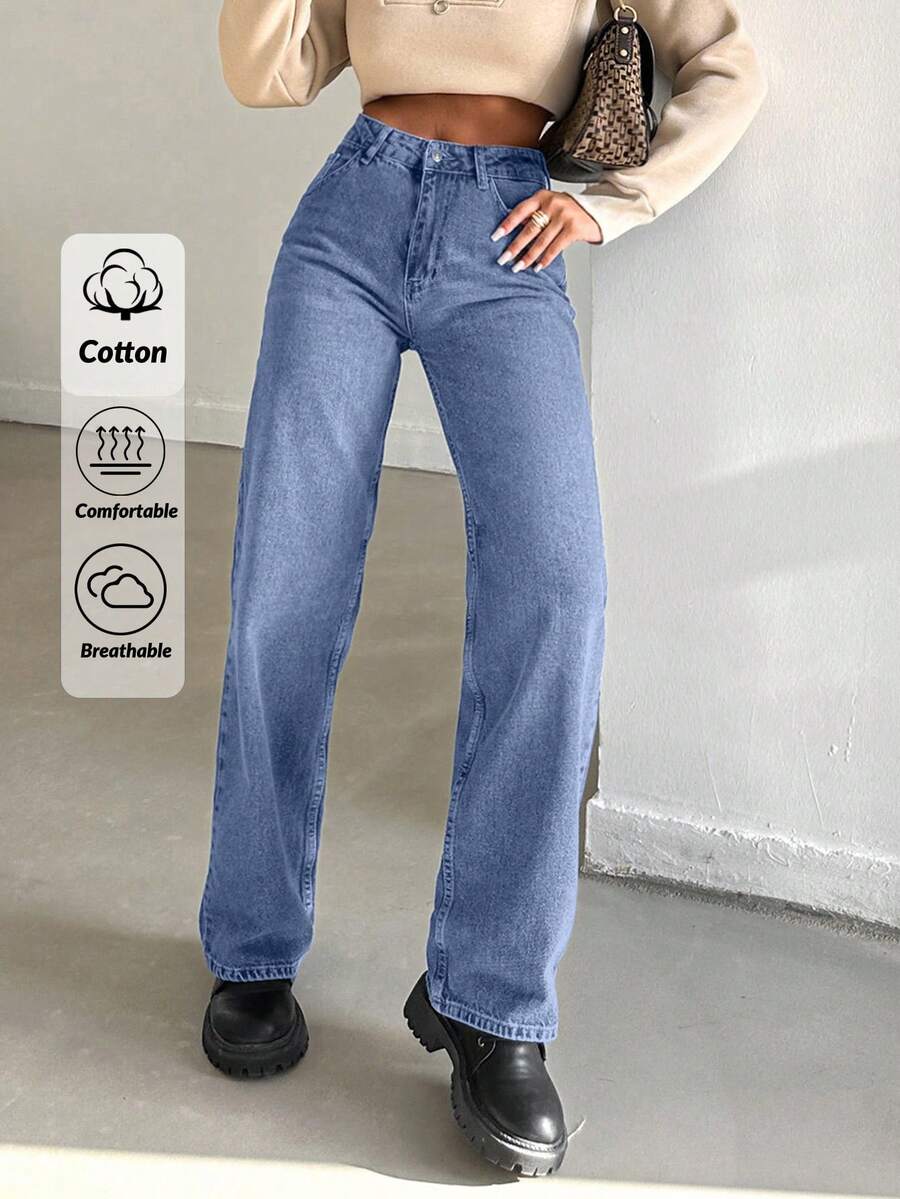 EURMUSE 100%Cotton Zipper Fly Straight Leg Jeans - Baby Blue - View 1