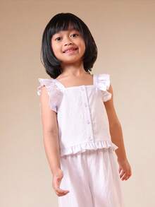 SUMWON 女童条纹荷叶边袖纽扣套装 夏季休闲背心阔腿裤两件套 - 淡紫色 - 查看 3