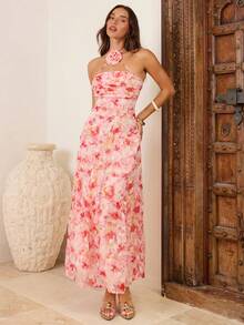 Enchnt Đầm cổ yếm cho nữ với họa tiết hoa 3D. - Hồng - Xem 5