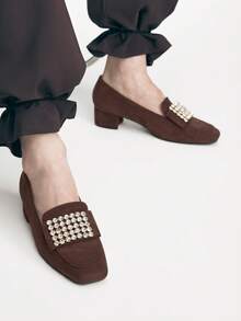 Mnmlis Mocasines de mujer con tacón grueso de moda, decorados con rhinestones y punta cuadrada de gamuza - Café integral - Ver 8