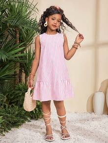 SHEIN Đầm dáng chữ A không tay, cổ tròn, dệt kim, cổ điển, retro, phối họa tiết sọc, dành cho bé gái tuổi teen, màu hồng, thích hợp mặc đi nghỉ mát. - Hồng - Xem 3