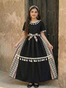Tween Girls' Vacation Casual Geometric Print Patchwork Fringe Decor Dress - Black - View 5