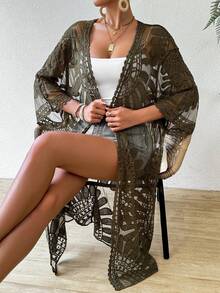 Swim Vcay 女士刺绣网纱宽松和服罩衫 - 軍綠色 - 查看 3