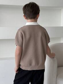 DAZY Tween Boy Contrast Button Half-Placket Short Sleeve Casual Sweater - Khaki - View 6