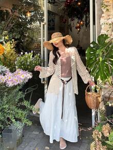 DAZY Áo khoác cardigan mỏng tay dài kiểu Hàn Quốc dành cho nữ, chất liệu lưới, thích hợp cho kỳ nghỉ. - Màu be - Xem 6