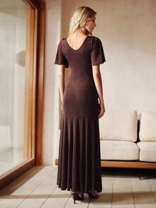 Anewsta 女士优雅正式连衣裙，适合派对、情人节和日常穿着，都市时尚高弹修身卡其色长款连衣裙 - 鏽棕色 - 查看 4