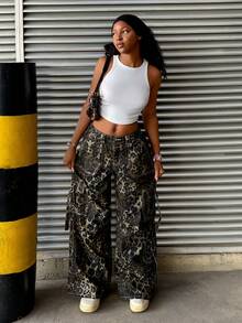 Rivivi Women's Leopard Print Pocket Button Casual Versatile Daily Wear Wide Leg Jeans - Multicolor - View 5