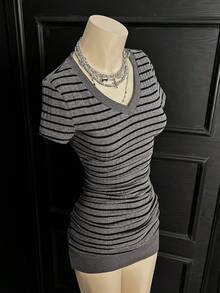 Elamini Women's Fashionable Multi-Color Knit Crew Neck Short Sleeve Dress - Multicolor - View 8