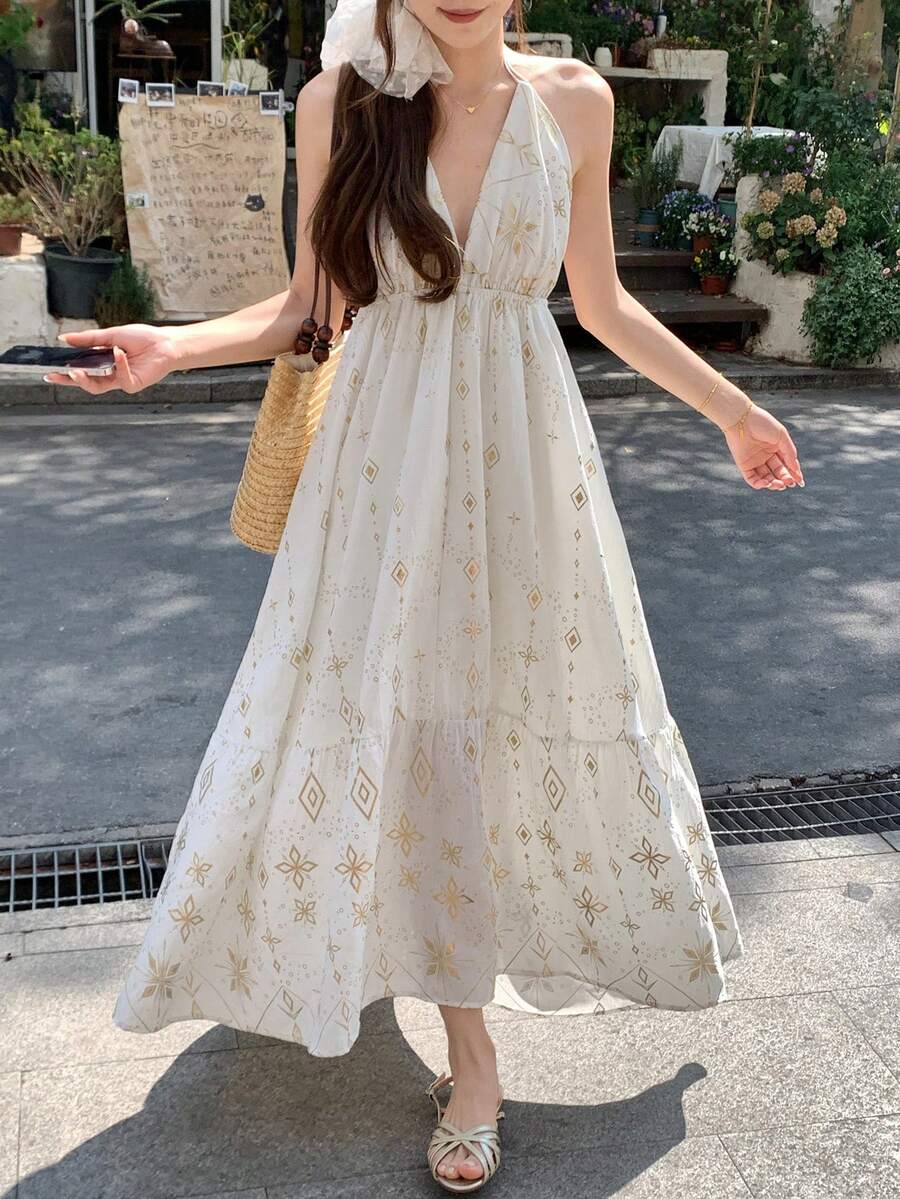 DAZY Đầm nữ cổ chữ V buộc dây kiểu Bohemian in hoa, đầm hè phong cách Boho. - trắng - Xem 1