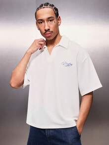 PLAYBOY X SUMWON 男士Logo刺绣华夫格针织Polo衫 短袖翻领休闲夏季上衣 - 白色 - 查看 1