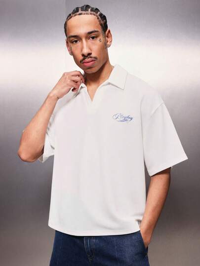 PLAYBOY X SUMWON Men's Logo Embroidered Waffle Knit Polo Shirt Short Sleeve Collared Casual Summer Top