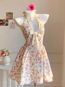 Comfortcana 女士吊带系带印花蝴蝶结装饰迷你连衣裙，适合约会和派对 - 彩色 - 查看 5