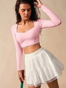 VARSIVA 女士简约纯色甜心领长袖抹胸露脐运动T恤 - 粉色 - 查看 4