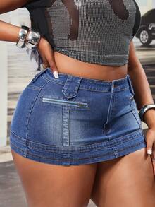 Slaydiva 夏季新款拉链装饰紧身牛仔迷你裙 - 藍色 - 查看 5