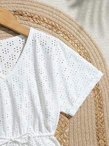 SHEIN Tween Girls White Swimsuit Cover Ups,Knit Fabric Crochet Eyelet Dress With Tassel Trim,Boho Drawstring Waist Beach Summer Dress For Pool Party - White - View 3