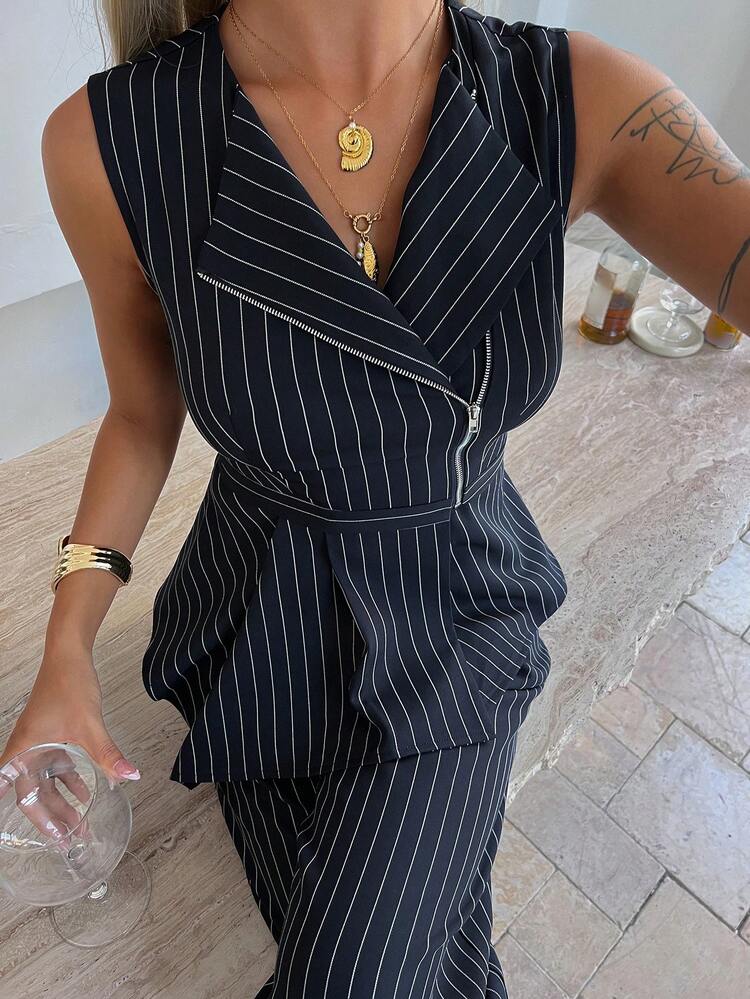 Women's Striped Collared Sleeveless Crop Top And Casual Pants 2 Pieces Set