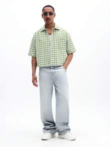 SUMWON Men's Crop Fit Green White Check Pattern Short Sleeve Button Down Summer Casual Shirt With Point Collar - Multicolor - View 4