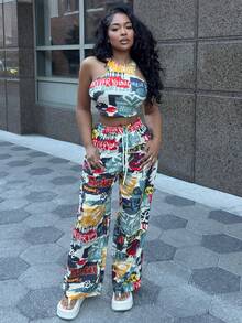 Alexandranx Slaydiva 女士秋装/女士冬装/女士外出上衣/Y2k 服饰/街头服饰/涂鸦印花/2 件女士休闲街头紧身吊带背心和宽松裤子套装/适合 S - 彩色 - 查看 1