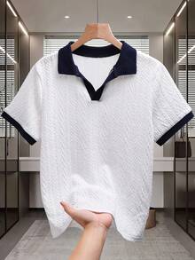 SHEIN 1件儿童/青少年男童休闲纹理领套头短袖宽松针织polo衫，适合通勤、上学、休闲、运动、春夏穿着 - 白色 - 查看 4