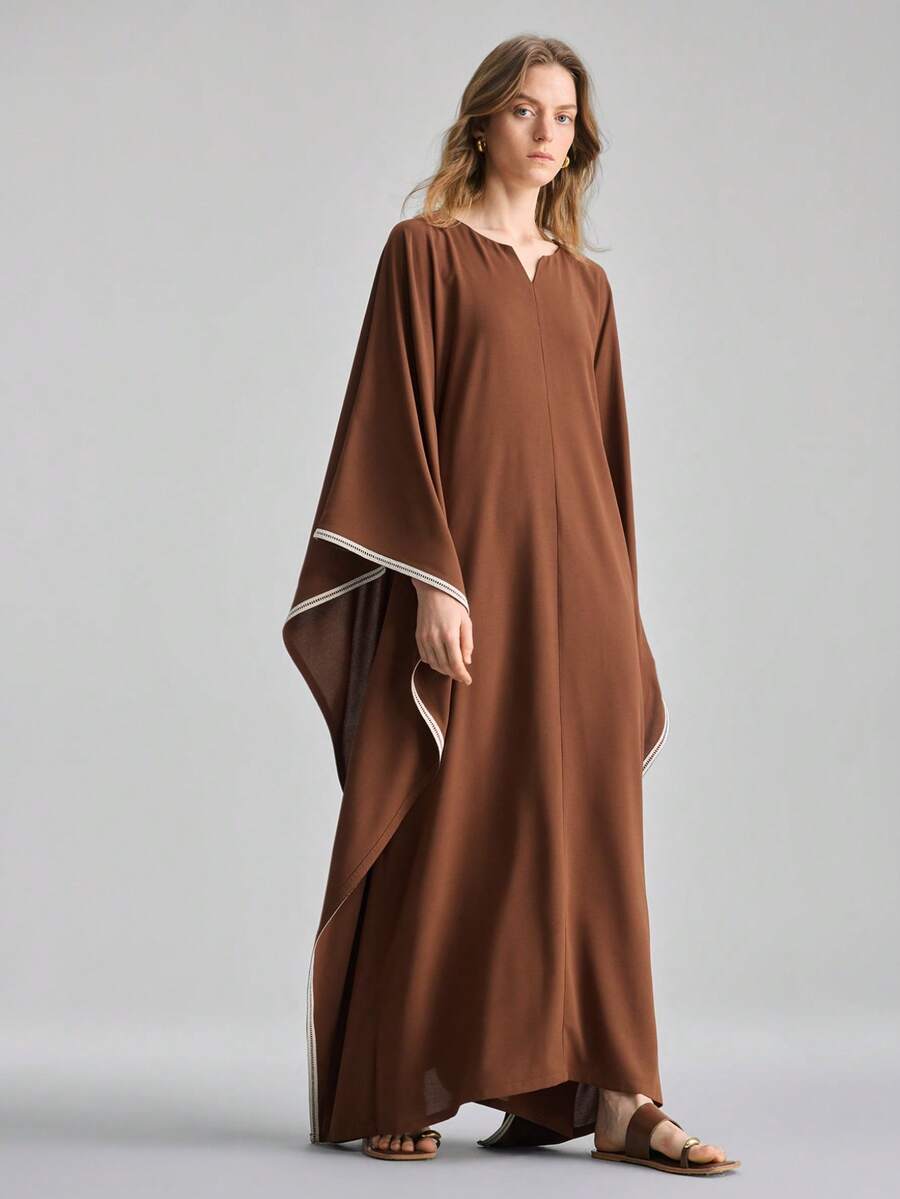 Ontre 2026春夏棕色长袖宽松喇叭连衣裙，适合现代都市派对、返校季、休闲波西米亚风夏季穿搭、复活节优雅派对礼服、婚礼宾客礼服、办公室通勤装。 - 棕色 - 查看 1