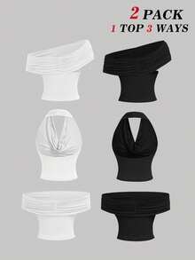 SHEIN MOD 两件套三穿女式休闲纯色修身上衣，白色上衣，黑色上衣，休闲，外出上衣，海滩，春假，夏季上衣，度假 - 黑與白 - 查看 2