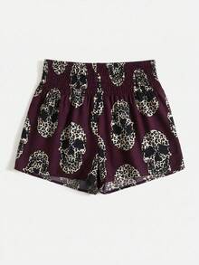 SHEIN LUNE 女士骷髅印花休闲百搭日常短裤 - 酒紅色 - 查看 4