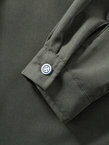 2pcs/Set Big Kids' Spring/Autumn Casual Gentleman Single-Breasted Gray Long Sleeve Shirt + Elastic Waist Slant Pocket Casual Pants, Vacaura Boy Outfit - Army Green - View 5