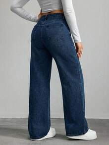 EURMUSE Quần jeans ống đứng cạp cao giặt thường ngày - Rửa tối - Xem 2