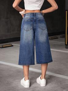 Jeanoix 女士口袋纽扣休闲百搭日常穿着阔腿牛仔裤 - 藍色 - 查看 2