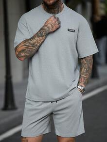 EGENSIO 男士休闲字母印花T恤短裤套装，夏季 - 淺灰色 - 查看 3