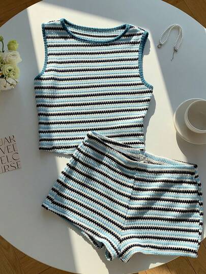 Comfortcana 2pcs/Set Summer Casual Striped Tank Top And Shorts Set