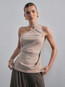 Hauture 女士单肩不对称弹力针织上衣，高领设计，性感职业装 - 駝色 - 查看 4