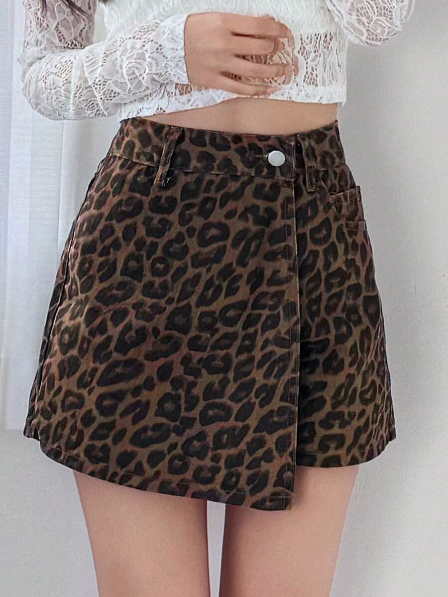 FRIFUL Women's Casual Leopard Print Wrap Denim Shorts, Summer - Brown - View 1