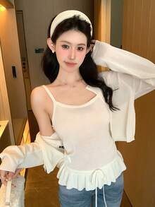 DAZY Women's Spaghetti Strap Top With Ruffle Trim & Casual Jacket 2 Pieces Set - White - View 6