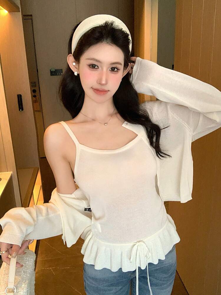 Women's Spaghetti Strap Top With Ruffle Trim & Casual Jacket 2 Pieces Set Summer