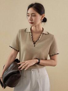 Dazy-Less Women's Casual Contrast Color Trim Short Sleeve T-Shirt, Summer - Apricot - View 3