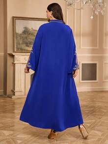 Al Najma 大码女式优雅复古刺绣喇叭袖阿拉伯风格连衣裙，端庄 - 寶藍色 - 查看 2