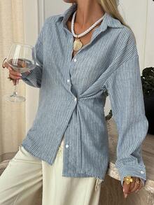 DAZY Women's Striped Drop Shoulder Long Sleeve Single-Breasted Casual Shirt - Blue - View 4