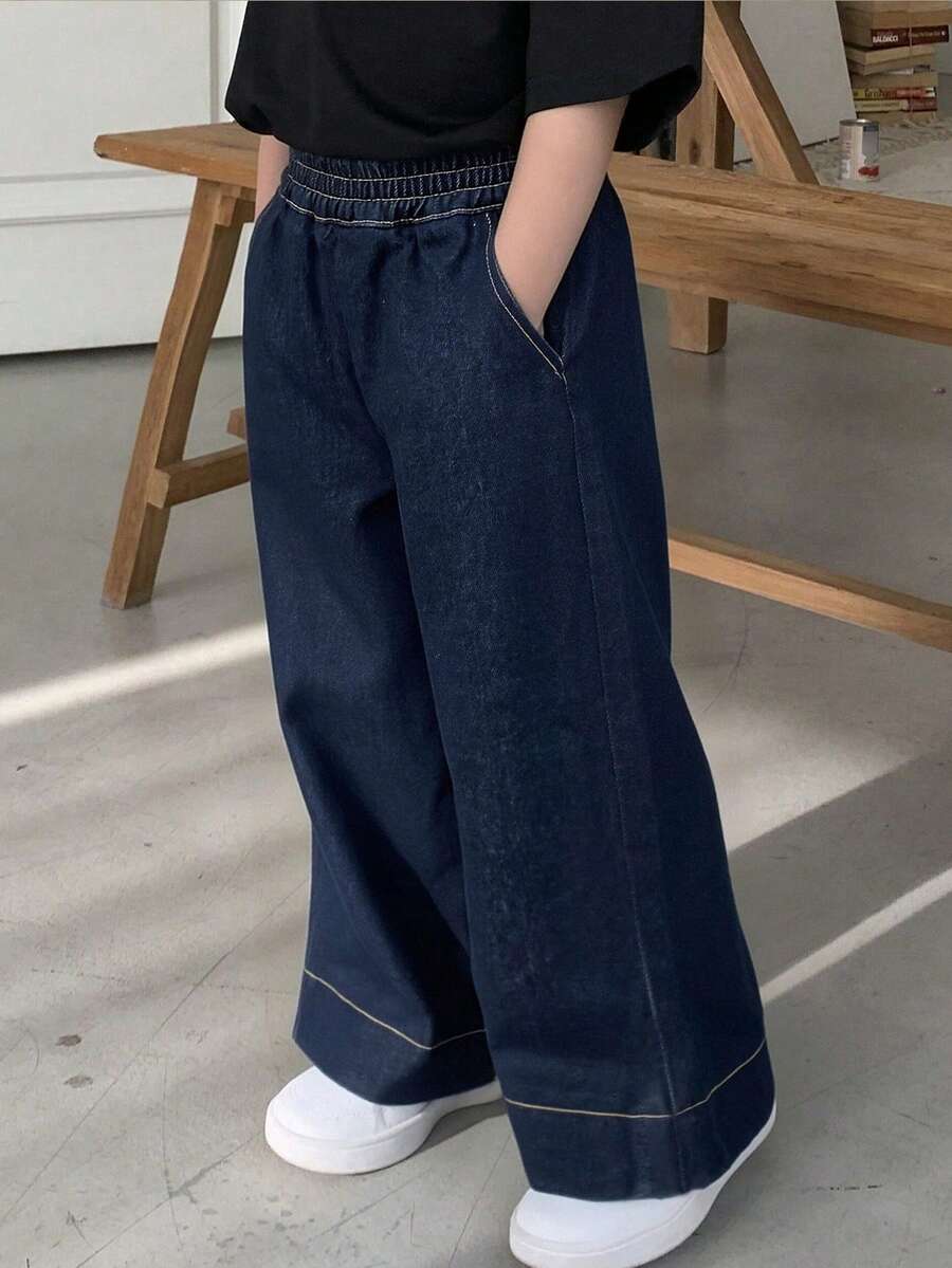 Dazy Kids 年轻女孩松紧腰带口袋阔腿宽松休闲牛仔裤 - 深色水洗藍 - 查看 1